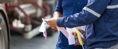 two people reading receipts