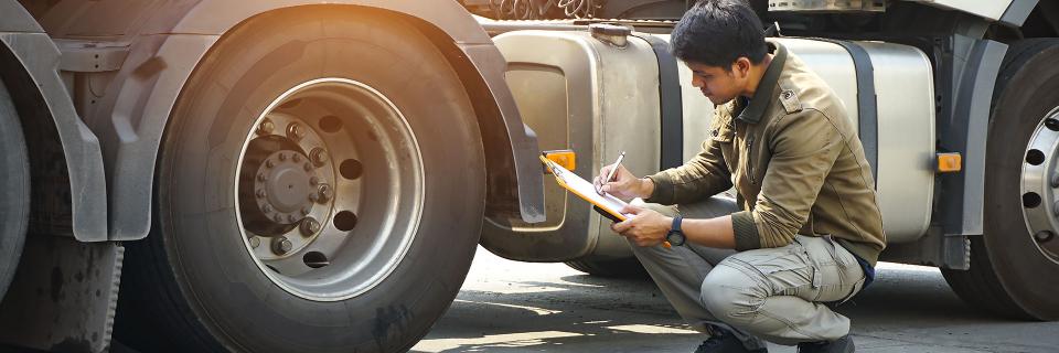 Technician inspecting truck tires