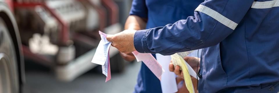 two people reading receipts